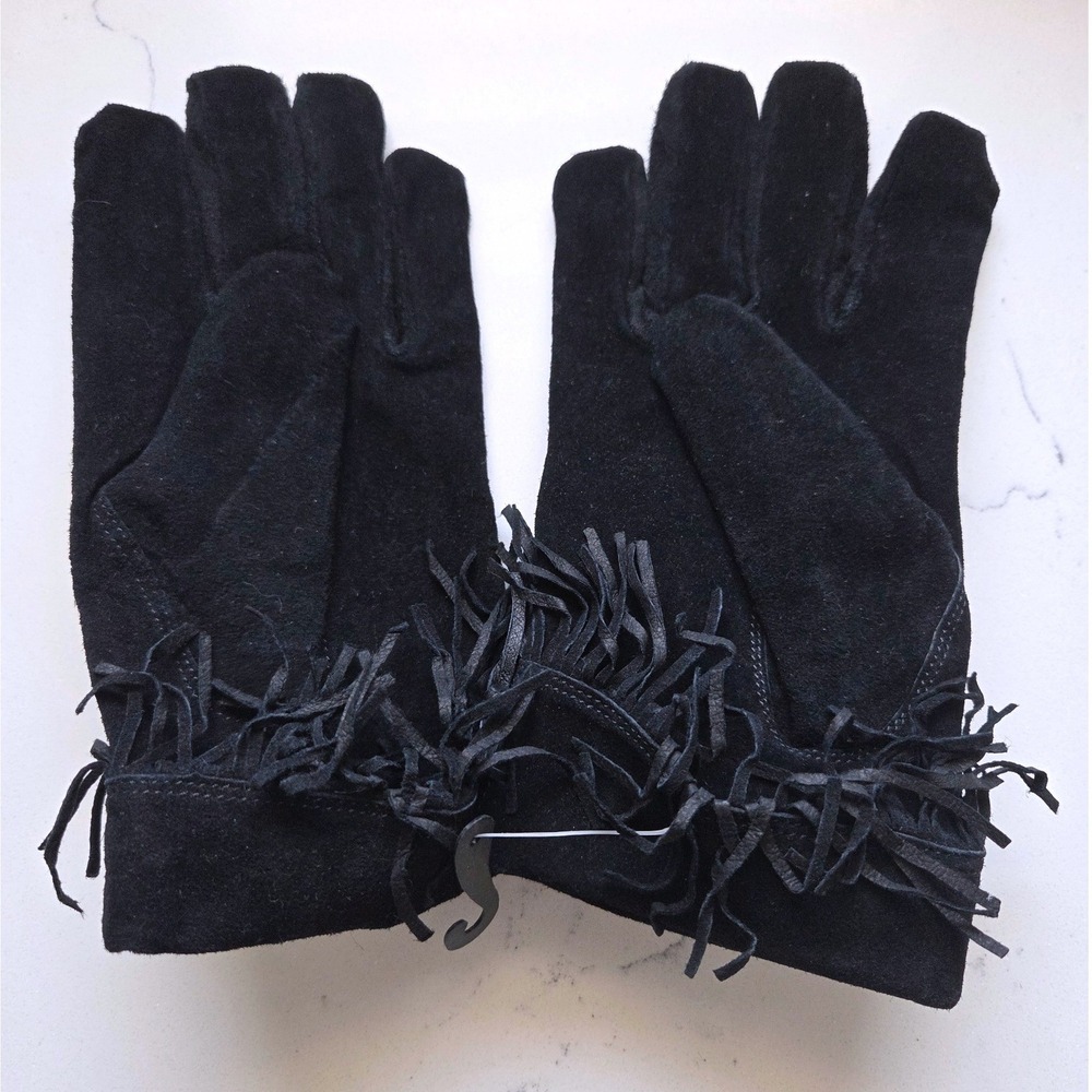 VTG Womens Black Genuine Leather Suede Fringe Trim Knit Lined Gloves Size M NEW